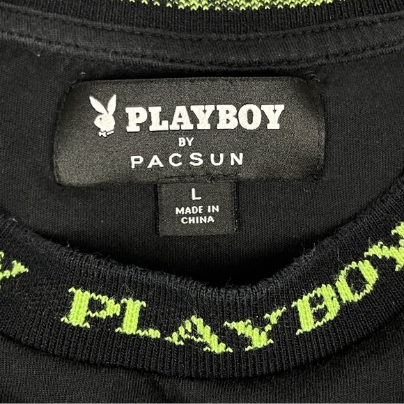 PLAYBOY by PACSUN black cotton t-shirt with neon green trim and logo, size L - Picture 2 of 12